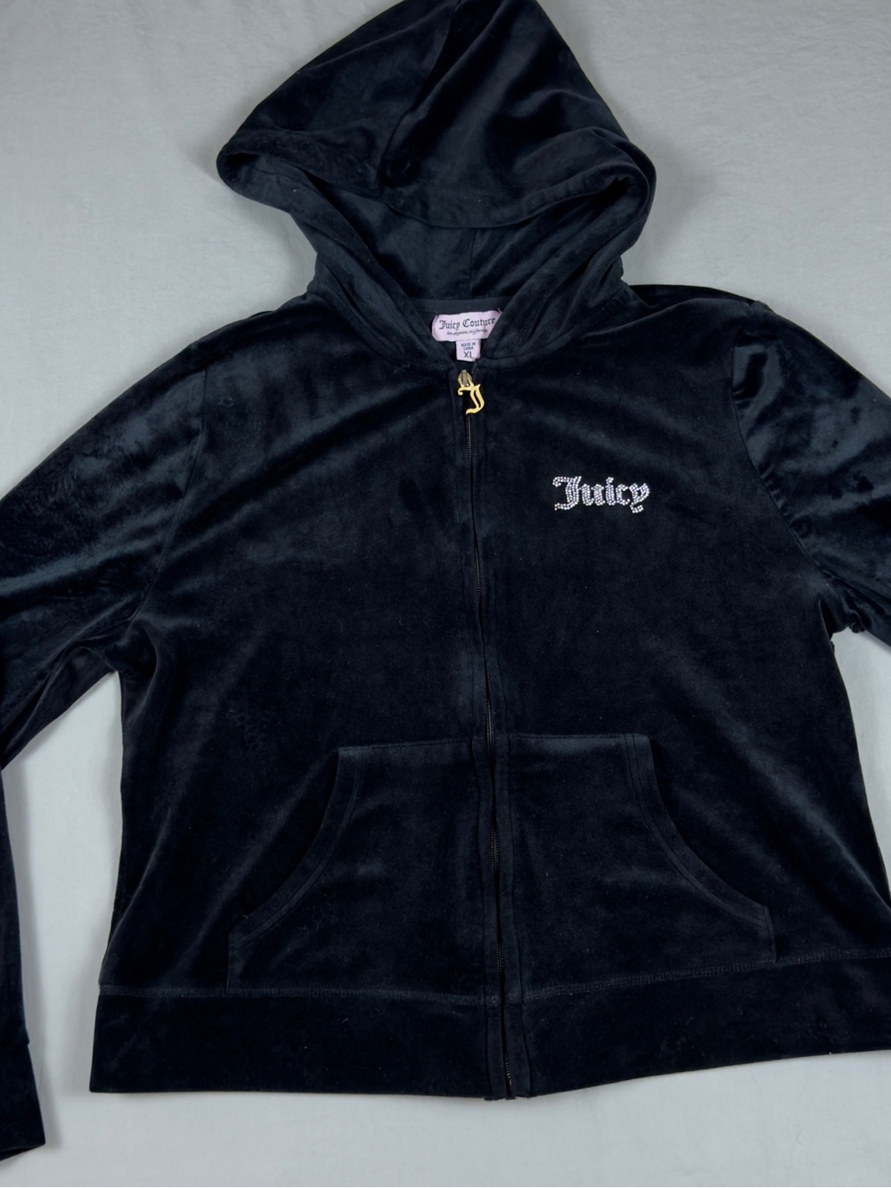Juicy Couture Black Velour Zip Hoodie with Rhinestone Logo